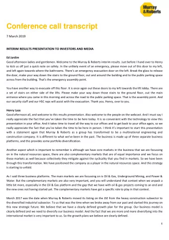 Conference call transcript  7 March 2019  INTERIM RESULTS PRESENTATION TO INVESTORS AND MEDIA  Ed