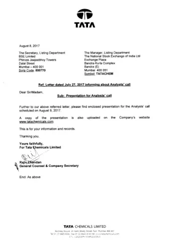 q  T  P  T  A  T  A  August 8, 2017 The Manager, Listing Department  The Secretary, Listing