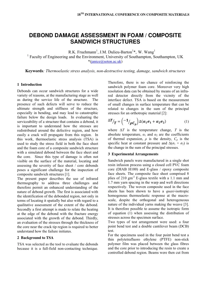 debond damage assessment in foam composite sandwich
