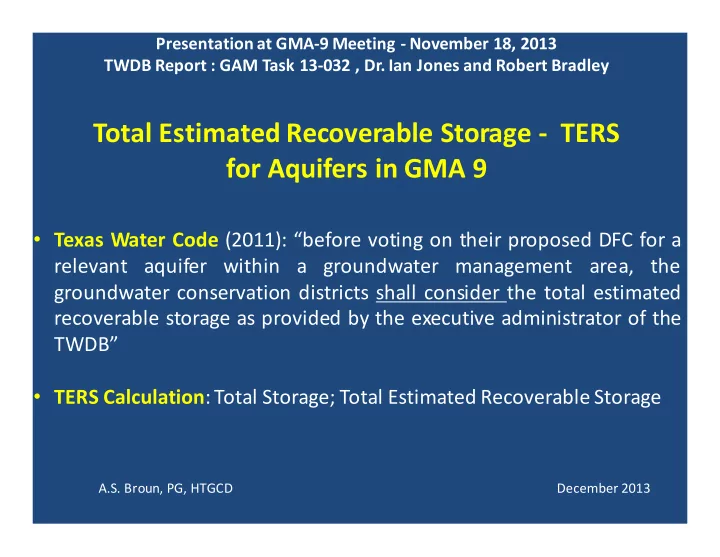 total estimated recoverable storage ters for aquifers in