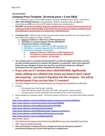 Company Preso Template: (8 minute preso + 2 min Q&amp;A)  Pick a company to report. It can be