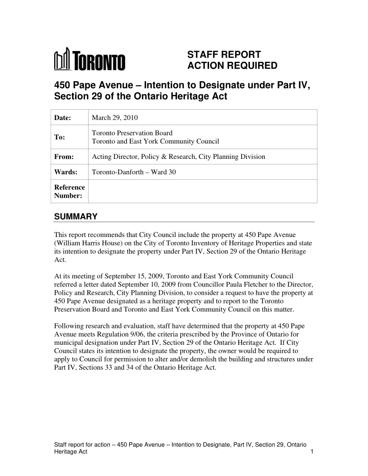 staff report action required 450 pape avenue intention to