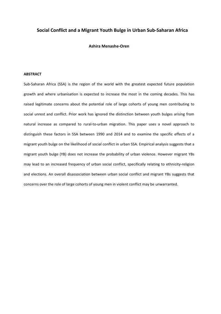 social conflict and a migrant youth bulge in urban sub