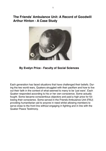 The Friends Ambulance Unit: A Record of Goodwill  Arthur Hinton - A Case Study  By Evelyn Price