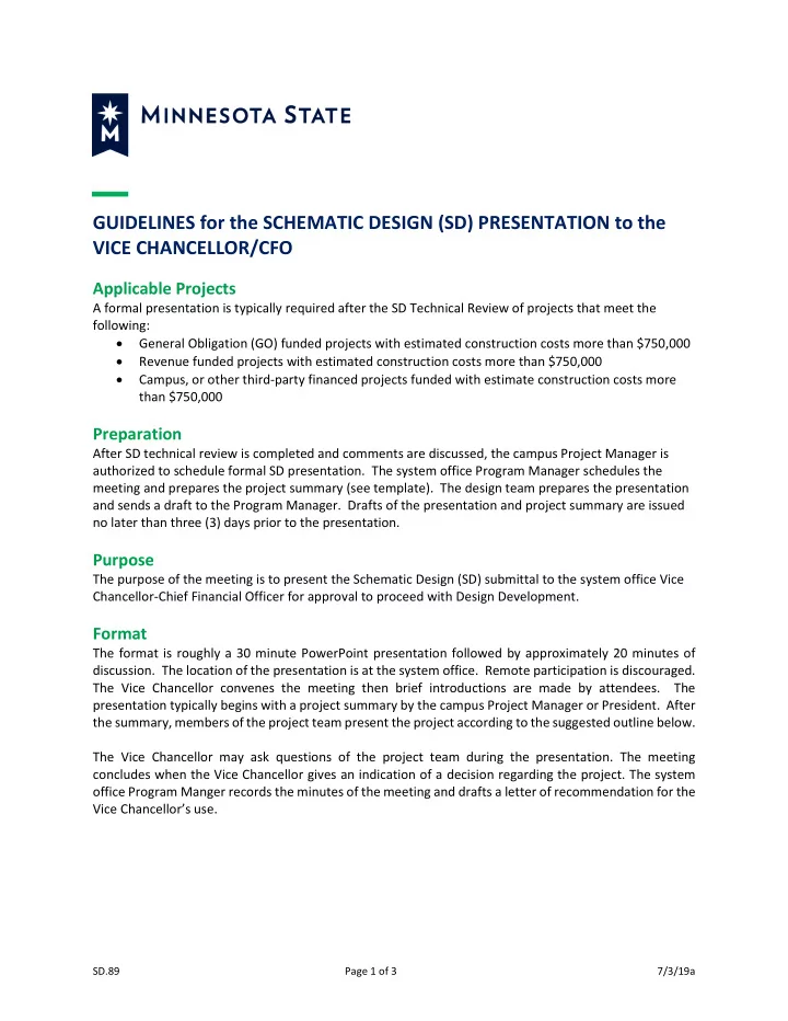guidelines for the schematic design sd presentation to