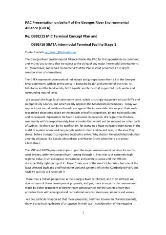 PAC Presentation on behalf of the Georges River Environmental  Alliance (GREA)  Re; D392/15 MIC