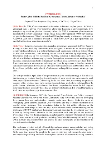 1  [TITLE SLIDE]  From Cyber Skills to Resilient Cyberspace Talent: Advance Australia!  Prepared