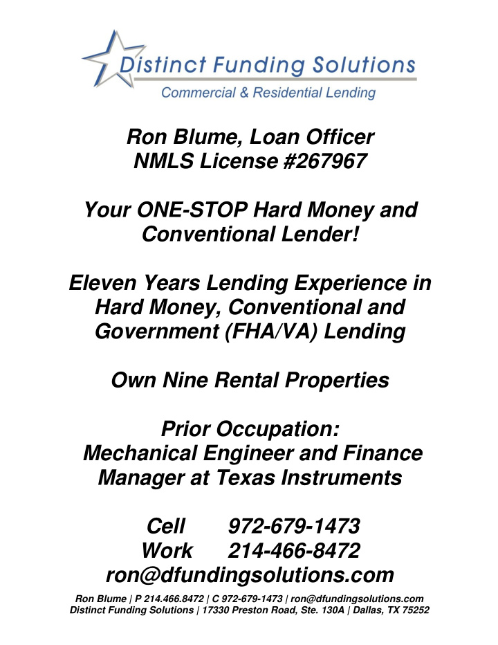 ron blume loan officer nmls license 267967 your one stop