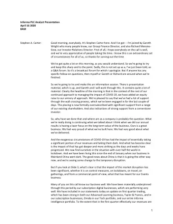 Informa PLC Analyst Presentation  April 16 2020  8AM  Stephen A. Carter:  Good morning, everybody.