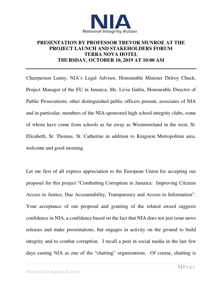 presentation by professor trevor munroe at the project