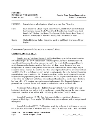MINUTES  INFORMAL WORK SESSION  Service Team Budget Presentations  March 30, 2015  9:00 a.m.  Room