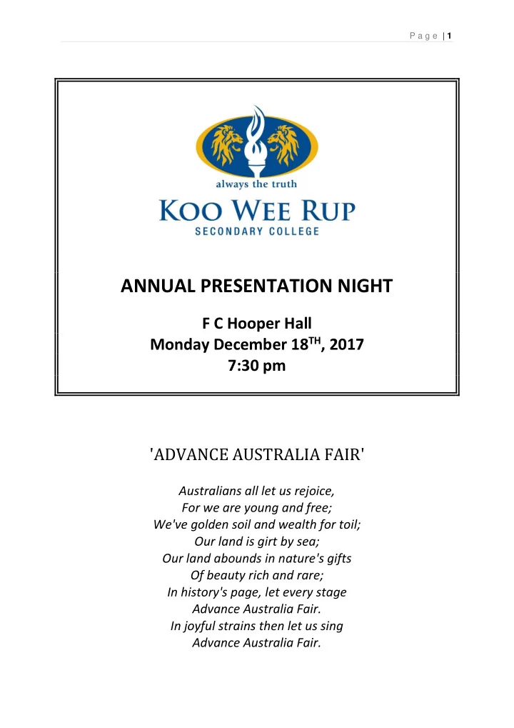 annual presentation night f c hooper hall monday december