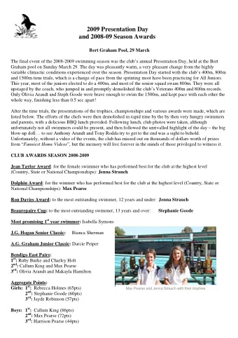 2009 Presentation Day  and 2008-09 Season Awards  Bert Graham Pool, 29 March  The final event of