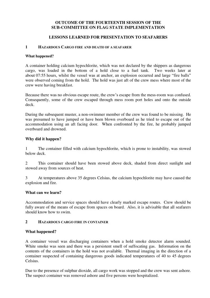 outcome of the fourteenth session of the sub committee on