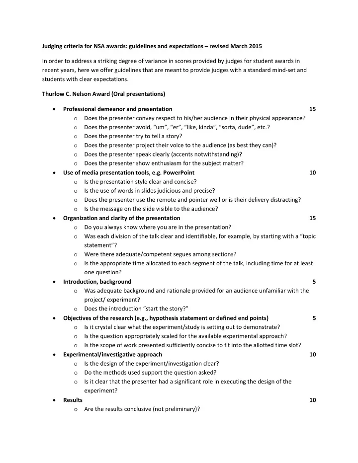 judging criteria for nsa awards guidelines and