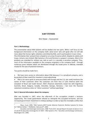 ELBIT SYSTEMS Shir Hever  Economist  Part 1: Methodology  The presentation about Elbit Systems