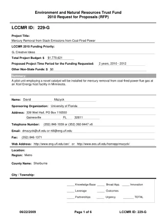 LCCMR ID: 229-G  Project Title:  Mercury Removal from Stack Emissions from Coal-Fired Power  LCCMR