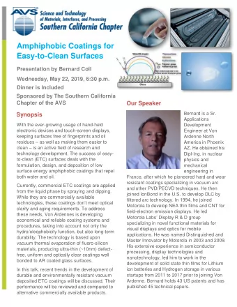 Amphiphobic Coatings for  Easy-to-Clean Surfaces  Presentation by Bernard Coll  Wednesday, May 22,