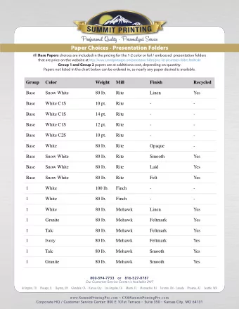 Paper Choices - Presentation Folders All Base Papers choices are included in the pricing for the