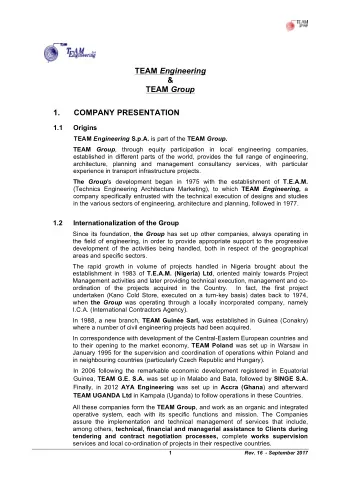 TEAM Engineering  &amp; TEAM Group  1.  COMPANY PRESENTATION  1.1  Origins TEAM Engineering S.p.A.