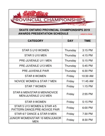 SKATE ONTARIO PROVINCIAL CHAMPIONSHIPS 2019 AWARDS PRESENTATION SCHEDULE subject to change