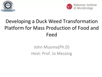 Developing a Duck Weed Transformation  Platform for Mass Production of Food and  Feed  John