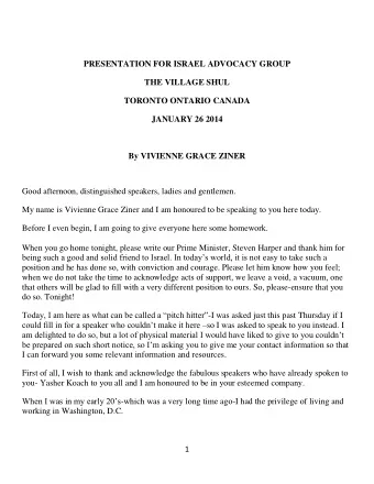 By VIVIENNE GRACE ZINER Good afternoon, distinguished speakers, ladies and gentlemen. My name is