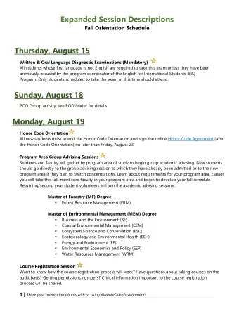 Expanded Session Descriptions  Fall Orientation Schedule Thursday, August 15  Written &amp; Oral