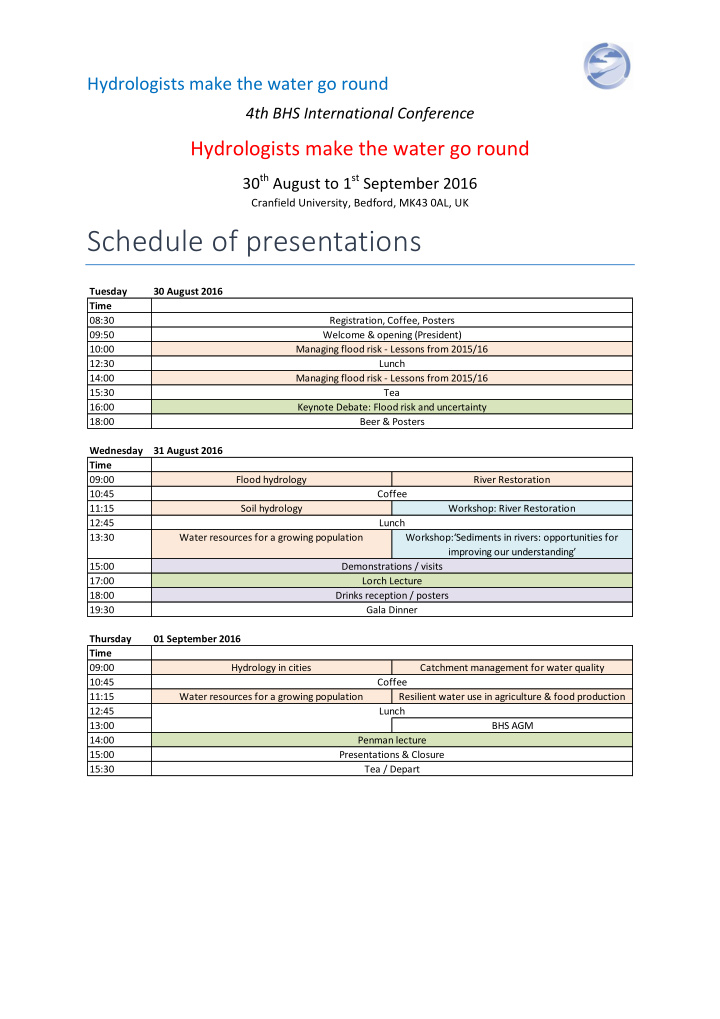 schedule of presentations