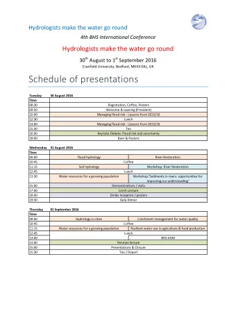 Schedule of presentations  Tuesday  30 August 2016  Time  08:30  Registration, Coffee, Posters