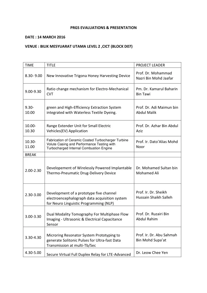 prgs evaluations amp presentation date 14 march 2016