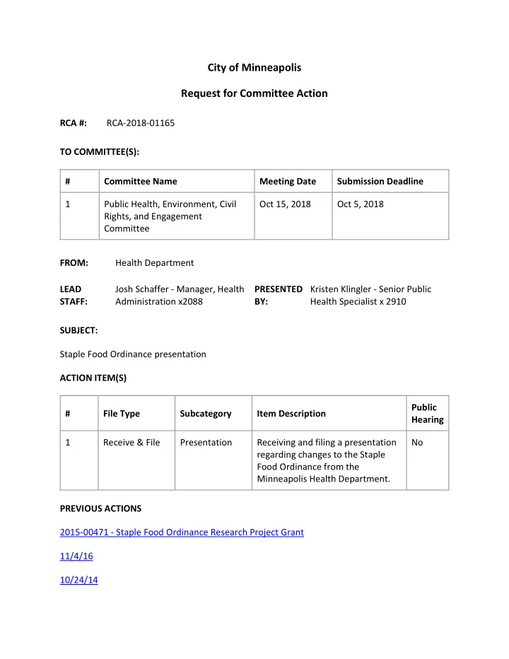 city of minneapolis request for committee action