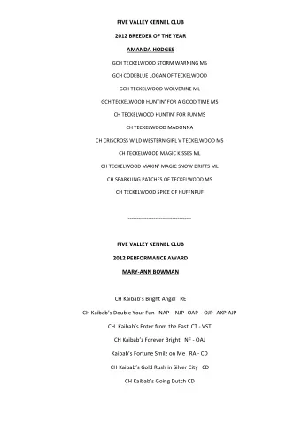 FIVE VALLEY KENNEL CLUB  2012 BREEDER OF THE YEAR  AMANDA HODGES  GCH TECKELWOOD STORM WARNING MS