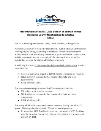 Presentation Notes: Mr. Dave Belman of Belman Homes  Waukesha County Neighborhoods Initiative