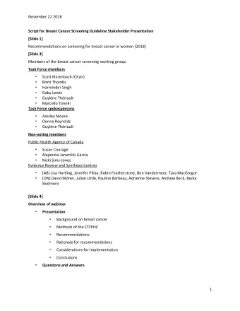 November 22 2018  Script for Breast Cancer Screening Guideline Stakeholder Presentation  [Slide 1]
