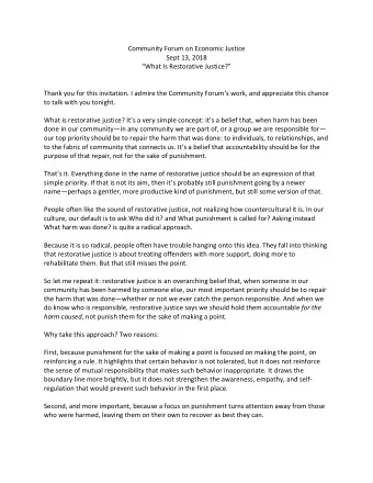 Community Forum on Economic Justice  Sept 13, 2018 What Is Restorative Justice?  Thank you