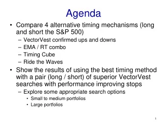 Agenda   Compare 4 alternative timing mechanisms (long  and short the S&amp;P 500)