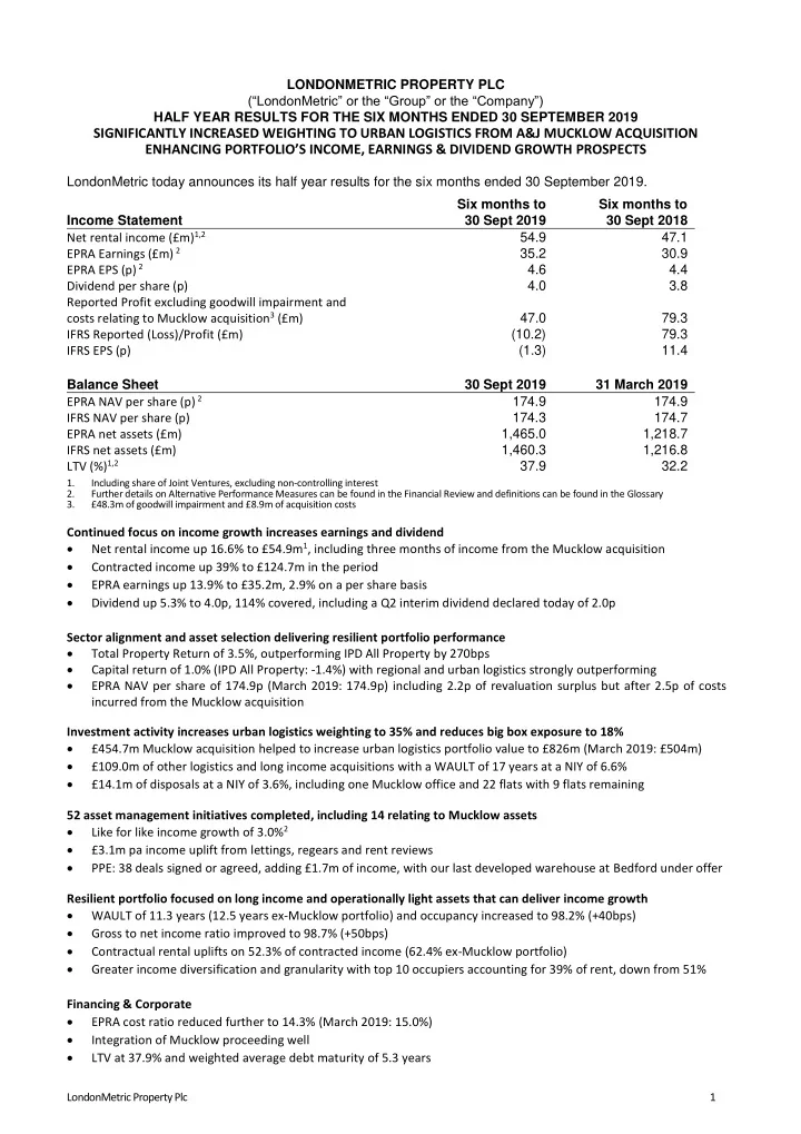 londonmetric property plc londonmetric or the group or
