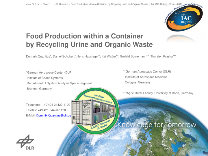 food production within a container by recycling urine and