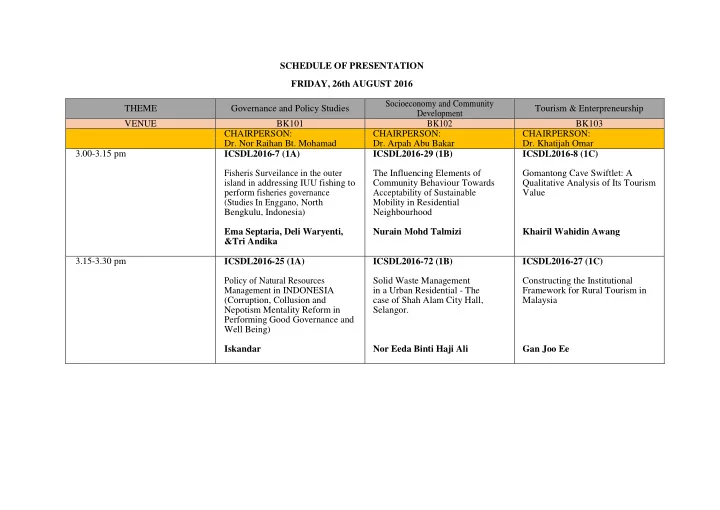 schedule of presentation friday 26th august 2016