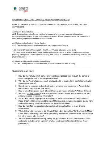 SPORT HISTORY ALIVE! LEARNING FROM AURORAS GREATS!  LINKS TO GRADE 6 SOCIAL STUDIES AND PHYSICAL