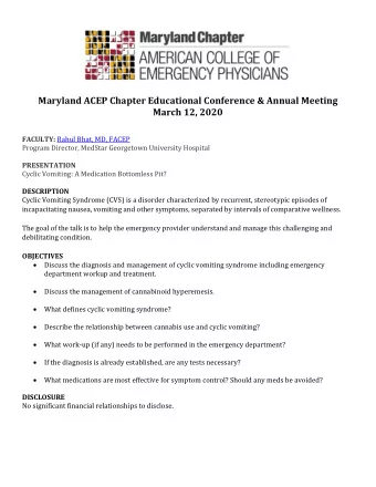 Maryland ACEP Chapter Educational Conference &amp; Annual Meeting  March 12, 2020 FACULTY: Rahul