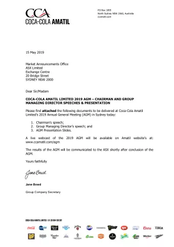 15 May 2019  Market Announcements Office  ASX Limited  Exchange Centre  20 Bridge Street  SYDNEY