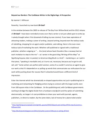 Beyond our Borders: The Caribbean Writer in the Digital Age: A Perspective  By Joanne C. Hillhouse