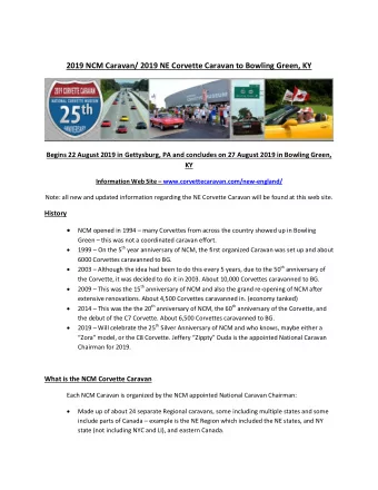 2019 NCM Caravan/ 2019 NE Corvette Caravan to Bowling Green, KY  Begins 22 August 2019 in