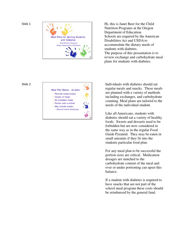 slide 3 diets for students with diabetes follow meal plan