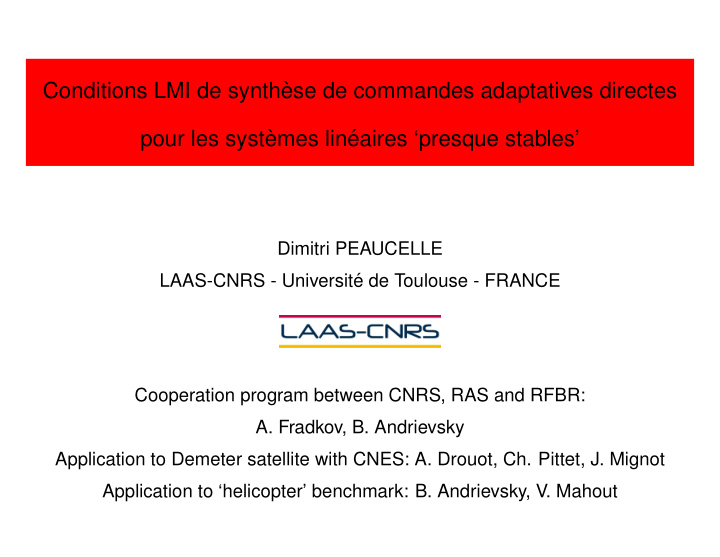 conditions lmi de synth ese de commandes adaptatives