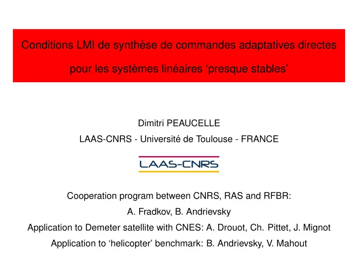 conditions lmi de synth ese de commandes adaptatives