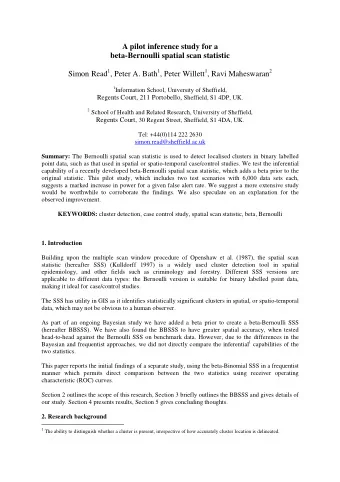 A pilot inference study for a  beta-Bernoulli spatial scan statistic Simon Read 1 , Peter A. Bath 1