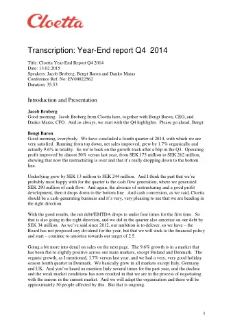 Transcription: Year-End report Q4  2014  Title: Cloetta Year-End Report Q4 2014  Date: 13.02.2015